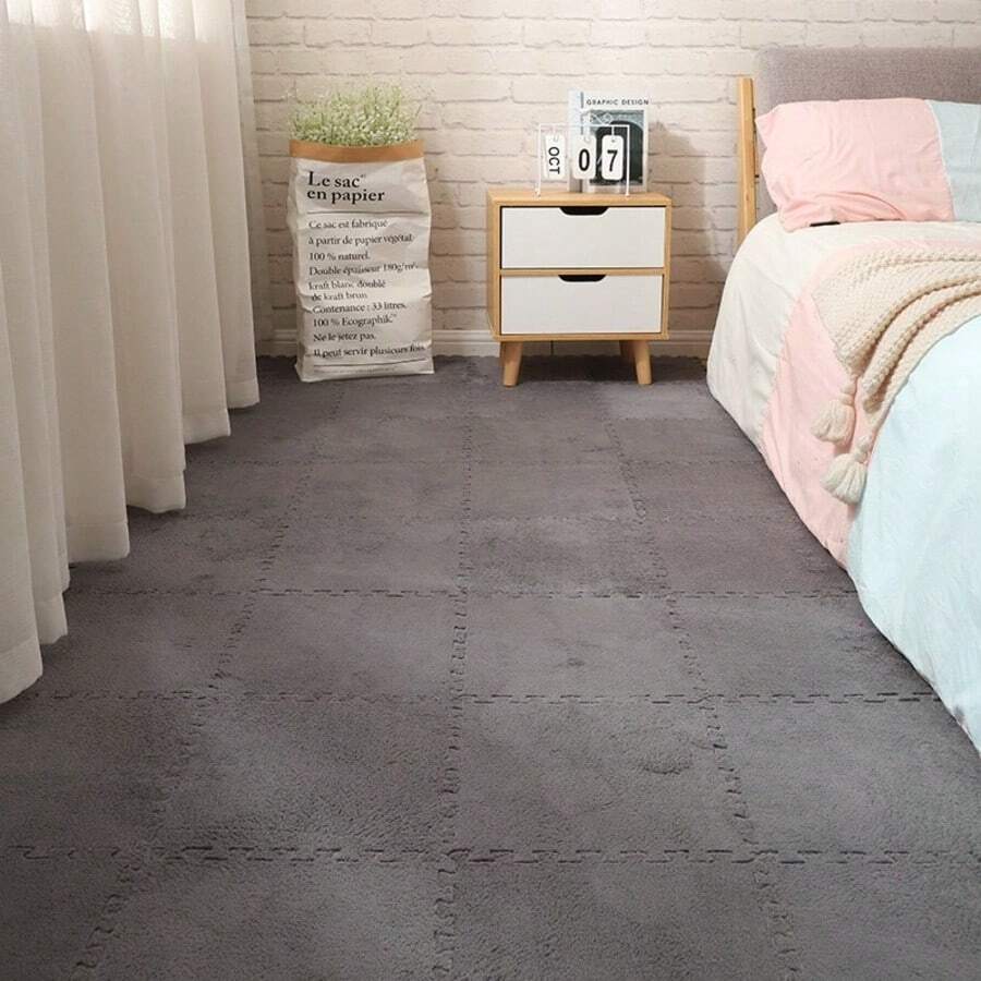 24-Piece Solid-Color Bedroom Full-Floor Carpet, Seamless Connection, Stain-Resistant, Suitable For Home Decoration, Floor Mat, Applicable To Bedroom, Living Room, Study, Indoor Decoration - Xám - Xem 1