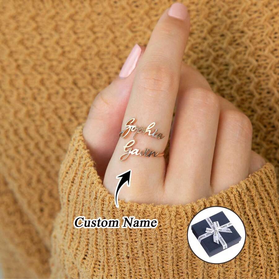 1pc Personalized Customizable Name Ring, I Can Customize 1-3 Names, Sterling Silver And Sterling Gold Double Name Wrap Ring, Custom Name Ring, Personalized Gift For Mom, Birthday Gift, Gift For Girlfriend, Mother's Day Gift, Family Ring, Jewelry For Women, Personalized Ring Gift (With Small Gift Box Suitable For Gifting) - Multicolor - View 1