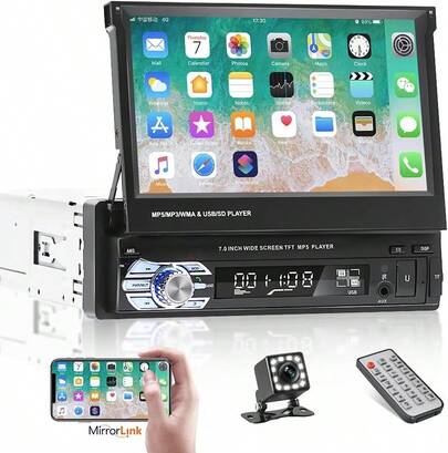 Reproductor MP5 para coche HD con pantalla retráctil de 7 pulgadas, 1DIN, radio BT, compatible con FM, Bluetooth, teléfono USB, Mirror-Link