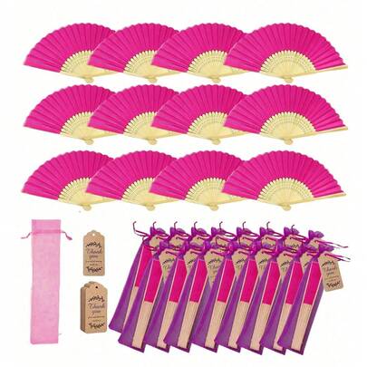 3/15/30pcs Set Elegant Rose Red Folding Fans, Includes Thank You Card And Gift Bag, Bridal Bamboo Hand Held Folding Fans For Bachelorette Party, Wedding, Bridesmaid Gift And Wedding Decor, Perfect For Parties, Events, Summer Accessory, Women Folding Fans