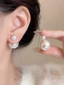 一对复古简约优雅时尚百搭白色双面仿珍珠耳钉，适合少女日常、节日、派对佩戴 - 雙面仿珍珠 - 查看 2