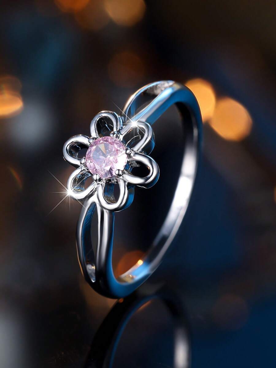 1 Chiếc nhẫn nữ thiết kế tối giản hình hoa đá Zirconia hồng, bạc cổ điển, trang sức cổ điển dành cho phụ nữ và bé gái, quà tặng trang sức thời trang. - Hồng - Xem 1