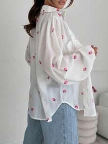 Casual Fashionable Charming Elegant Minimalist Vacation Printed Shirt Collar Long Sleeve Blouse, Minimalist Front Button Long Sleeve Top, Women Spring White - White - View 2