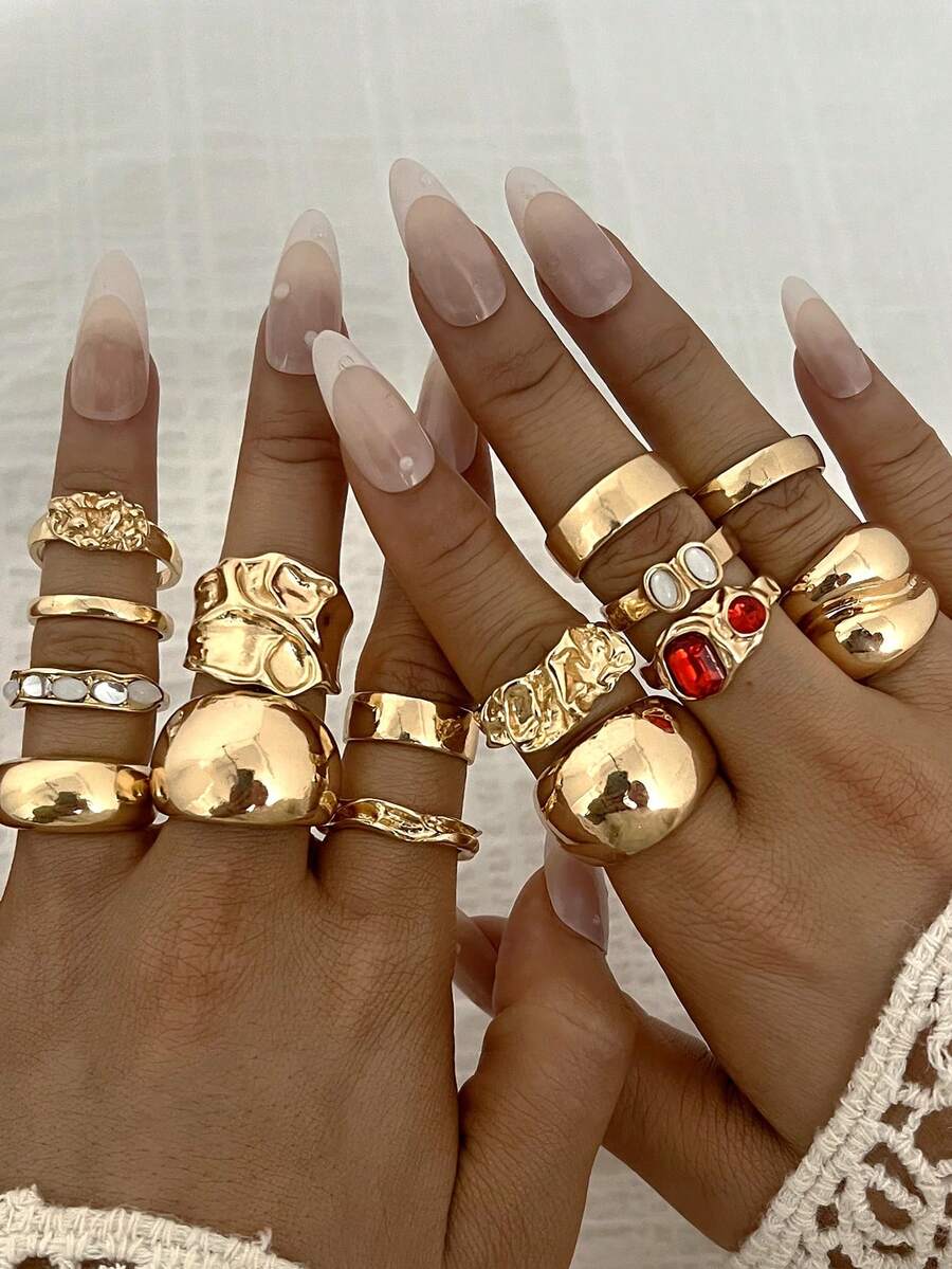 Bộ 15 chiếc nhẫn kim loại dày dặn, kiểu dáng cổ điển, thanh lịch, hình học bất đối xứng, có họa tiết nhăn, đính đá giả lấp lánh, hình tròn, trơn nhẵn, tối giản, thích hợp cho các dịp lễ, tiệc tùng, hẹn hò, đeo hàng ngày hoặc làm quà tặng. - Vàng - Xem 1