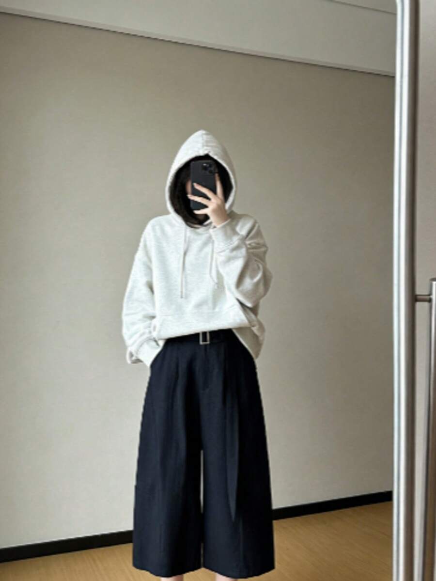 女士春夏新款弧形阔腿裤，宽松喇叭中长休闲裤 - 藏蓝色 - 查看 1