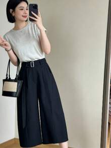 女士春夏新款弧形阔腿裤，宽松喇叭中长休闲裤 - 藏蓝色 - 查看 8