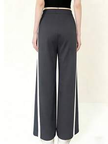 New Women's Straight Leg Wide Pants, Suitable For Spring And Summer, Featuring Color Blocking Design And Zipper Waistband, Perfect For Casual Daily Wear, Made Of Lightweight Twill Fabric. - Dark Grey - View 3