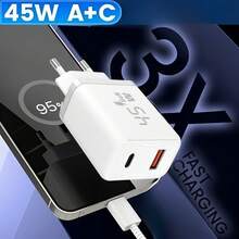 45W PD3.0 USB C GaN Fast Charger, Dual Port Type-C And USB A Fast Charging Adapter, Compatible With IPhone 17 16 15 14 13 12 11 Plus Pro Max, Android/Tablet/Laptop Series, Laptop Charger, Mobile Fast Charging - White - View 2