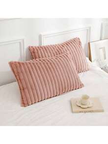 1pc Faux Rabbit Fur Striped Pillowcase, Without Pillow Insert, Soft Plush Zippered Pillow Cover, Removable And Comfortable For Better Sleep - Dark Powder Color - View 8