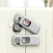 5个装冰箱锁，强力粘胶橱柜锁，优质方形设计，适用于抽屉和橱柜的安全系统，无需钻孔，无需钥匙，易于拆卸 - 灰色 - 查看 4