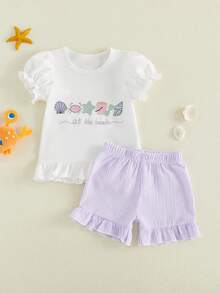 Toddler Baby Girl Summer Outfits Letter Crab Starfish Shell Embroidery Short Sleeve Tops Elastic Waist Shorts 2Pcs Clothes Set - 紫色 - 查看 6