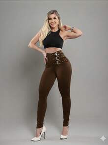 Super Shaping Leggings With Front Buckles - Simple - Casual - Sensual - Party - Polyester - Eyelets - Appliques - Buckles - 鏽棕色 - 查看 4