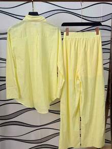 Linen Shirt And Pants Set (2 Pieces), Lined With Elastic. - Yellow - View 5