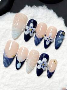 Bộ 10 móng tay giả acrylic thủ công, kiểu dáng móng hạnh nhân dài vừa, móng kiểu Pháp, móng màu xanh dương, móng hoa nhựa 3D thủ công, móng kẻ sọc 3D, móng chạm khắc 3D, móng chuyển màu. Dụng cụ làm móng, móng giả, móng giả có thể tháo rời, dụng cụ làm móng, nghệ thuật làm móng, thích hợp cho tiệc tùng, khiêu vũ, sử dụng hàng ngày, tiệc sinh viên, cosplay, móng giả có thể tái sử dụng, kèm keo dán và dũa móng, dụng cụ tự làm móng. - Nhiều màu - Xem 3