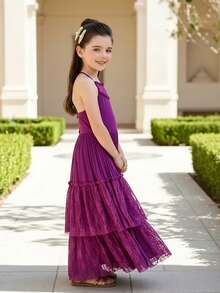 Tween Girls' Spaghetti Strap Holiday Dress With Hollow Back & Lace Details - Purple - View 10