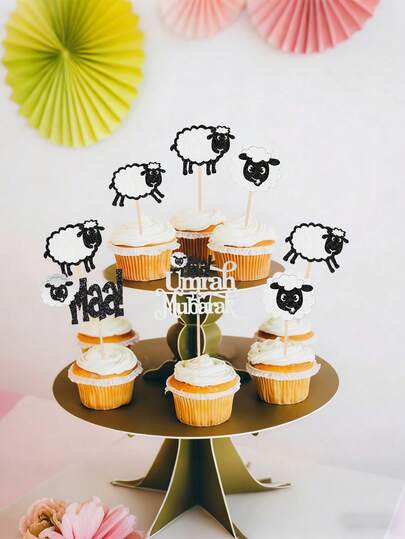4/24个绵羊纸杯蛋糕装饰插牌，黑色闪光纸蛋糕装饰，绵羊生日纸杯蛋糕装饰插牌，闪光生日绵羊咩咩叫纸杯蛋糕签，庆祝装饰，适用于农场动物主题婴儿派对、节日派对蛋糕装饰用品