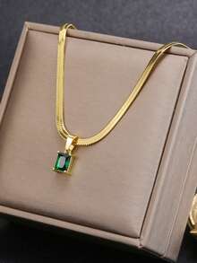 1pc Elegant Minimalist Square Copper Pendant Necklace | Stainless Steel Blade Chain With Cubic Zirconia, Suitable For Women, Versatile For Daily Wear And Vacation - Multicolor - View 7