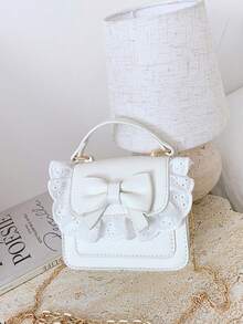 1个女童蕾丝蝴蝶结PU磁扣甜美手提包斜挎包，适合所有季节日常使用 - A - 查看 12