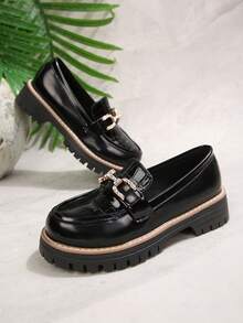 Mocasines de plataforma de moda, diseño de hebilla con diamantes de imitación brillantes, zapatos casuales tipo slip-on con tacón cuadrado, adecuados para el trabajo, citas y múltiples ocasiones, decoración de hebilla con diamantes de imitación en relieve brillante, estilo versátil para el uso diario, estilo universitario - Negro - Ver 6
