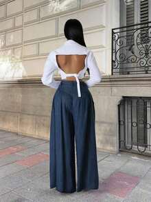 2026 New Spring/Summer Women's Solid Color Casual Elegant Back-To-School, Date, Pleated Wide Leg Pants, Suitable For Valentine's Day, Chinese New Year, Women's Pants, Wide Leg Pants, Women's Trousers, Women's Office Attire, Spring Wear, Office Wear, Elegant Women's , Holiday Women's Attire, Club Wear, Women's Springs, Women's Holiday Wear, Summer Vacation Wear, Women's Birthday - 棕色 - 查看 11