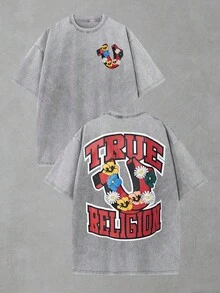 CHAOSHU True Religions Red Floral Horseshoe Distressed Oversized Graphic Tee Men's Short Sleeve Pure Cotton T-Shirt Loose Fit, Y2K Streetwear Vintage Casual Colorful Aesthetic Baggy 100% Cotton Pullover Gift - 灰色 - 查看 1