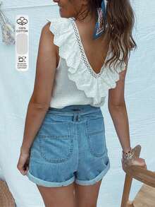 Top sin mangas con cuello en V, bordado y volantes, de unicolor, estilo casual de vacaciones SUNSTORY - Blanco - Ver 2