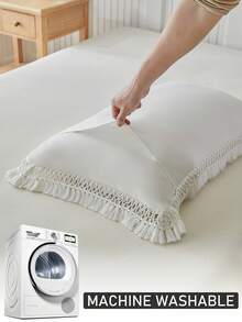 2pcs Boho White Leaf Pattern Cutout Tufted Pillow Covers With Tassels, Vintage Farmhouse Style Polyester Decorative Throw Pillow Cases, Suitable For All Seasons, Decor, Machine Washable, Inserts Not Included - White - View 6