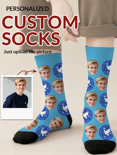 1 Pair Christmas Style Personalized Printed Crew Socks For Men, Couples Socks, Customizable With Personal Photos. Fun Couples Socks, Comfortable And Breathable, With Creative Cartoon Designs. Ideal Gift For Holidays, Birthdays And Valentine's Day. Provides Peace Dove And International Peace Day Themed Styles, Available In Multiple Colors.
