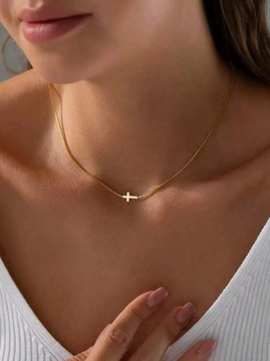 1 chiếc vòng cổ mặt dây chuyền hình thánh giá tinh tế dành cho nữ, vòng cổ choker mặt thánh giá nhỏ nhắn, vòng cổ nhiều lớp phù hợp để đeo hàng ngày, hẹn hò và phối cùng trang phục thanh lịch. - Vàng - Xem 1