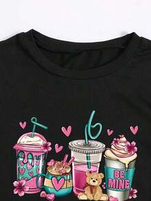 Envío gratis, entrega local enéxico, entrega en 4 días. Camiseta gráfica de manga corta para mujer con estampado de dibujos animados, para uso casual en verano. - Negro - Ver 3