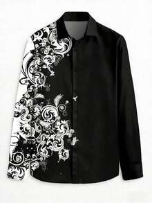 Men's Fashionable Printed Casual Shirt, Turn-Down Collar Button Long Sleeve Shirt - Black - View 2