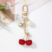 1个男女通用新款闪亮仿樱桃钥匙扣，时尚精致3D樱桃心形珍珠装饰包包挂件配饰，教师礼物 - 紅色 - 查看 3