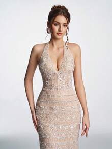 Elasola Anymoon Elegant Sequin & Faux Pearl Mesh High Waist Big Bow Backless Halter Evening Dress Fall Wedding Party - Champagne - View 9
