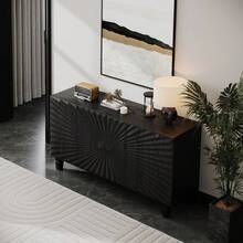 59'' Modern Buffet Sideboard With 4 Sunburst Doors Credenza Storage Cabinet With Solid Wood Legs Large Storage Cabinet For Kitchen Dining Living Room Entryway Black - 黑色 + 實木 + 中密度纖維板 + 美式設計 + 經典 + 農舍 + 現代 - 查看 2