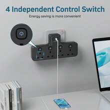 PASSUS 4-Outlet Wall Tap With Independent Switch Control And Power Indicator Light - Modern Black Design, With Surge Protector, Suitable For 110-250V Home, Office, Kitchen, UK Plug, Power Strip, Multifunctional Power Solution - View 3