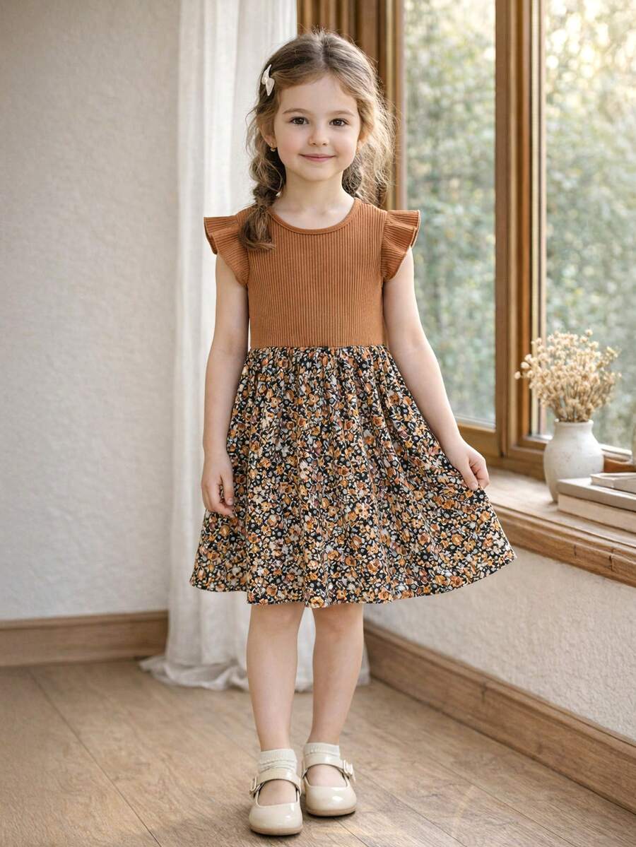 Vestido de niña con estampado floral vintage patchwork, parte superior de punto acanalado con mangas con volantes, cintura ceñida y falda acampanada, vestido casual/de fiesta dulce para primavera/otoño, fácil de usar - Óxido marrón - Ver 1