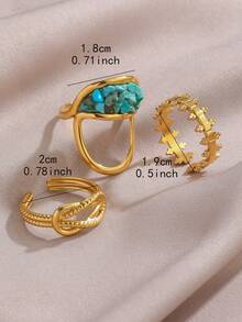 3pcs/Set 18K Stainless Steel Elliptical Geometric Infinity Symbol Turquoise Rings Set, Suitable For Women's Daily Wear, Mother's Day Gift - Gold - View 3