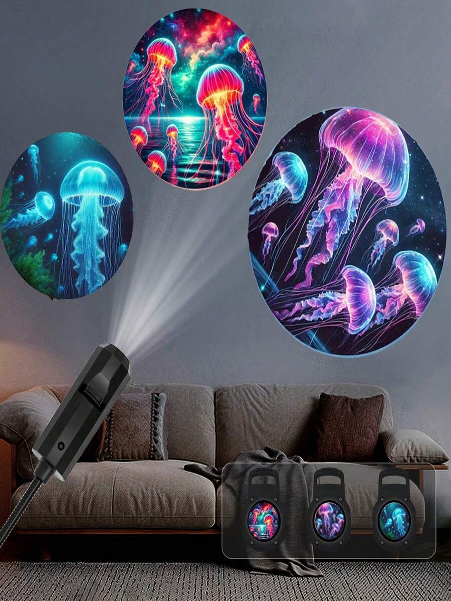 Ocean Creature LED Projection Lamp, USB Night Light, Holiday Decor Light With Jellyfish Pattern. Suitable For Indoor Use. Can Achieve 360-Degree Projection On Bedroom Walls And Ceilings. Applicable For Holiday Parties, Birthday Gifts, And Valentine's Day Gifts Lighting. - Black - View 1