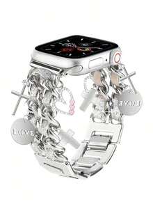 MAPUCE 1pc Fashionable Metal Watch Band, Compatible With Apple Watch 38/40/41/42/45/46/49mm, Suitable For Apple Watch Ultra/SE/Series 10/9/8/7/6/5/4/3/2/1, With Delicate Shiny Leather Cord And Hollow Heart Pendant Metal Band, Suitable As Gift For Friends (Band Only, Watch And Case Not Included). - CAT215 Silver - View 7