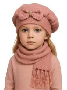 Children's Wool Beret And Scarf Set With Bow, Various Colors. - HOA HỒNG - Xem 1