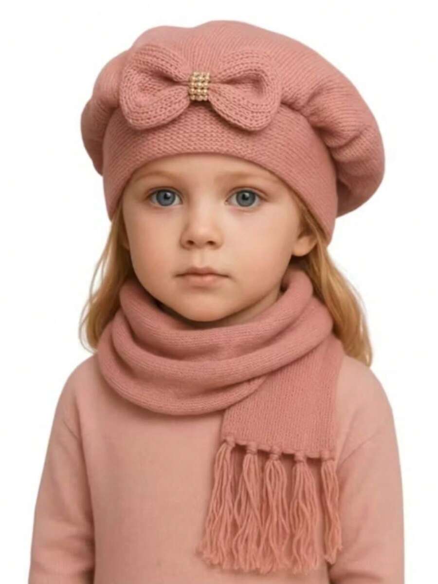 Children's Wool Beret And Scarf Set With Bow, Various Colors. - HOA HỒNG - Xem 1