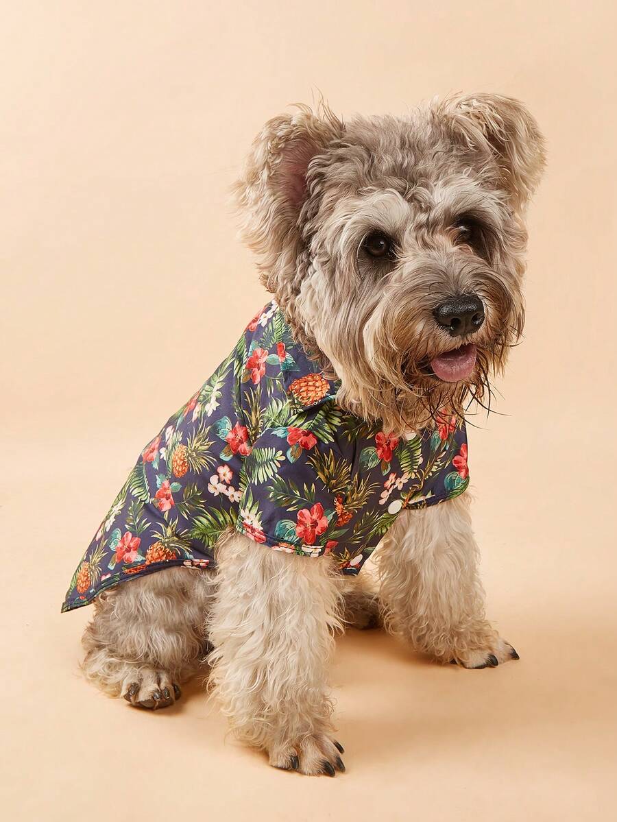 小型/中型犬夏威夷菠萝棕榈树岛屿图案衬衫,宠物服装,适合犬猫,春夏皆宜 - 彩色 - 查看 1
