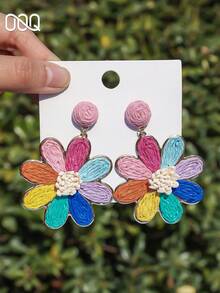 OOQ 1 Pair Summer Vacation Style Handmade Raffia Flower Earrings, Minimalist Design, Feminine Aesthetic, Vibrant Colors Suitable For Beach Party, Valentine's Day, Mother's Day, Back To School Gifts (Handwoven Technique Varies, Handmade May Have Slight Glue Residue) - Pink - View 2