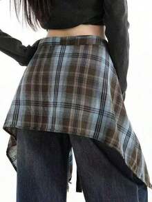 New Plaid One-Piece Waist Skirt With Decorative Drawstring, Unisex High Waist Tie-Up Versatile Skirt With Ruffle Hem Design, Suitable For Matching Family Outfits, Autumn/Winter - 橘色咖啡網格 - 查看 6