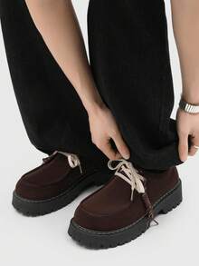 Men's Thick Sole Derby Shoes, Retro British Style Casual Shoes, Versatile Plus Size, European And American Ins Style, Men's Low-Top Derby Dress Shoes, Low-Top Boots, Men's Vintage Work Shoes Thick Soles, Business Casual, College Style Men's Slip-On Loafers, Faux Suede Material Black Shoes, Size 39-46 - Brown - View 4