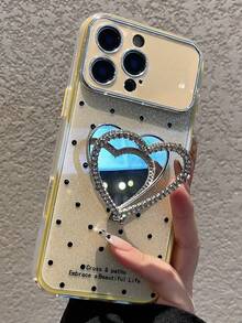 2PCS Luxury BlingBling Polka Dot Glitter Rhinestone Heart Mirror Stand Shockproof Phone Case Compatible With IPhone 17Pro Max 17Pro 17 17Air 16Pro Max 16Pro 16PLUS 15Pro Max 15Pro 14Pro 14Pro Max 16 15 14 13 12 11 Lens Protection Back Case - Yellow - View 2