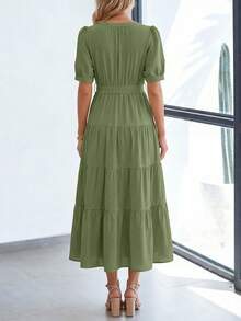 Women's Summer Dresses For Elegant Classy Short Sleeve V Neck Ruffle A Line Belted Long Flowy Beach Vacation Dress Easter Dresses For Women - 青色 - 查看 3