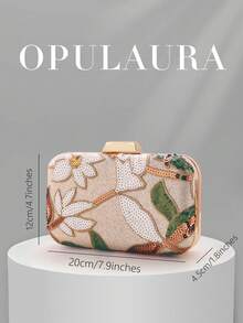 OpulAura 1pc Vintage Floral Handbag, Fashionable Glitter Sequin Embroidered Flower Chain Shoulder Bag, Mini Box-Shaped Purse, Suitable For Party Girls, Brides, Newlyweds, And Office Ladies For Parties, Weddings, Work, Business Travel, Outdoor Activities And Commuting - Apricot - View 5