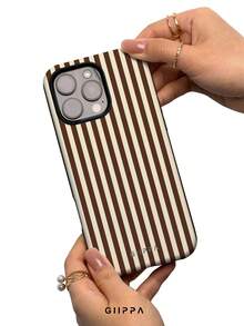 Una elegante funda para teléfono que no incluye cordón ni soporte. Funda para teléfono GIIPPA 1pc con diseño de rayas azul neblinado, compatible con 17 Pro, 16 Pro, 15 Pro, 14 Pro. Funda para teléfono coreana elegante e interesante, compatible con 11/12/13/14/15/16 Pro Plus. Diseño elegante para hombres y mujeres, regalo para novias en Pascua, temporada de bodas, cumpleaños. - Marrón - Ver 2