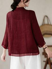 Loose Retro Chinese Style Three-Quarter Sleeve Patchwork Design Shirt Summer - Burgundy - View 3